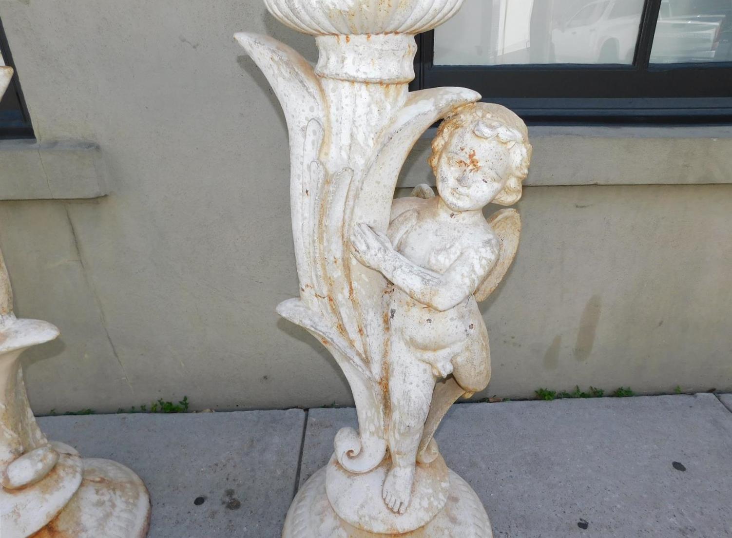 Pair of French Cast Iron Painted Cherub & Foliage Garden Torchieres, Circa 1820 For Sale 4