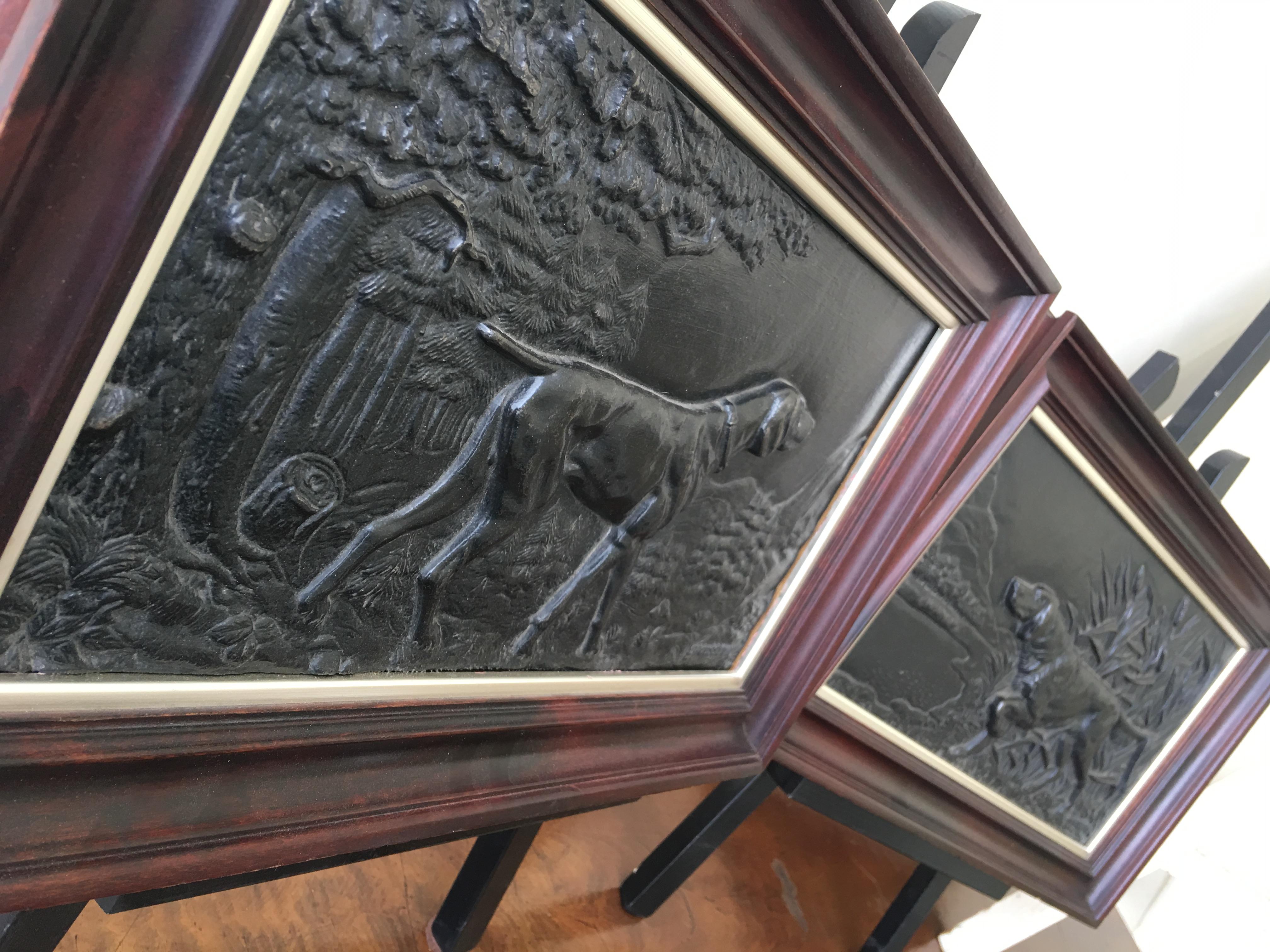 Pair of framed cast iron reliefs / plaques depicting hunting dogs in outside landscape, circa 1910.
From the French metal foundry town of Brousseval. Fantastic detail and craftsmanship. Frames can either be wall mounted, or they also stand