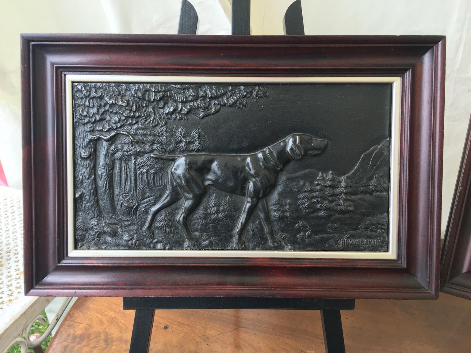 Art Deco Pair of French Cast Metal Reliefs / Plaques of Hunting Dogs, circa 1910