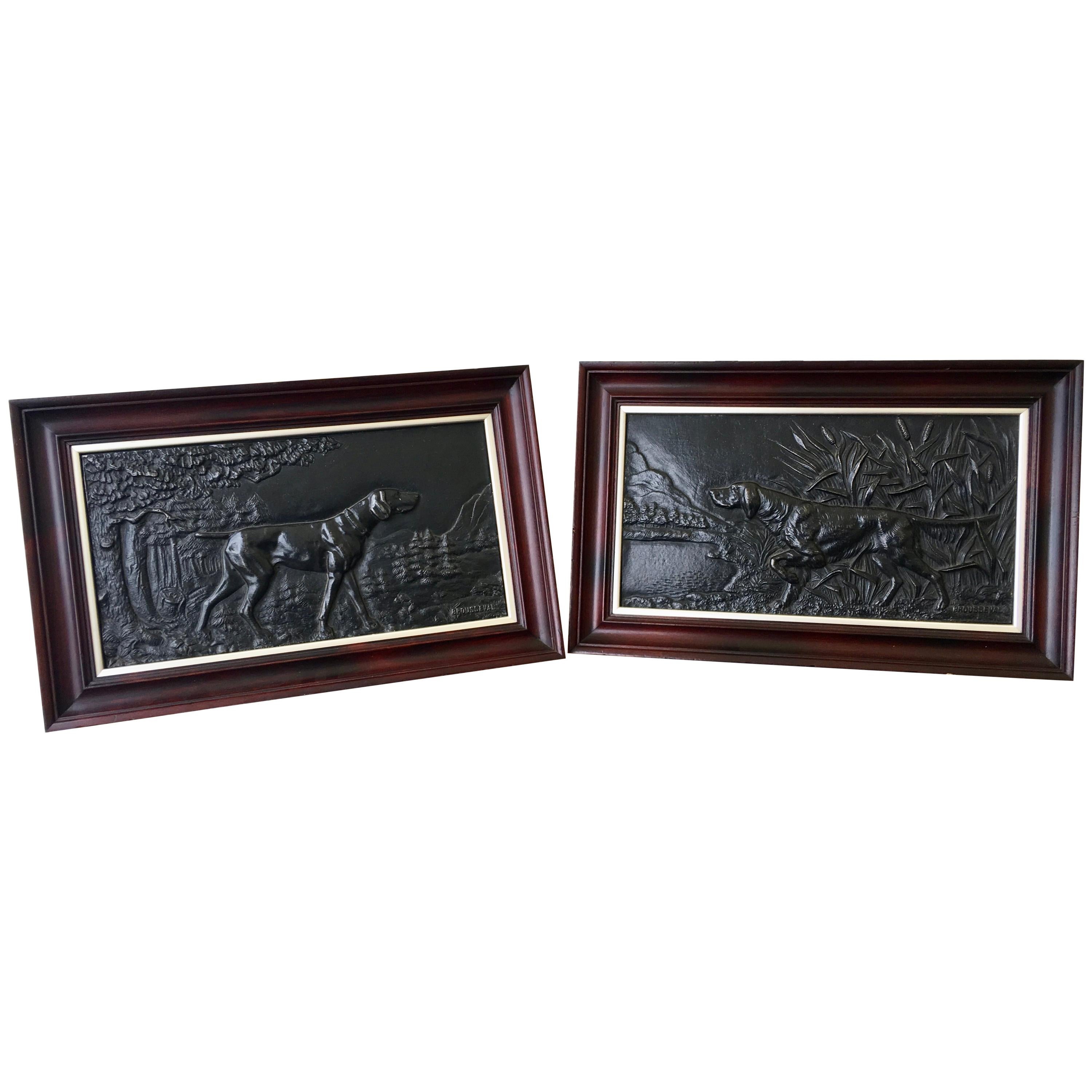 Pair of French Cast Metal Reliefs / Plaques of Hunting Dogs, circa 1910