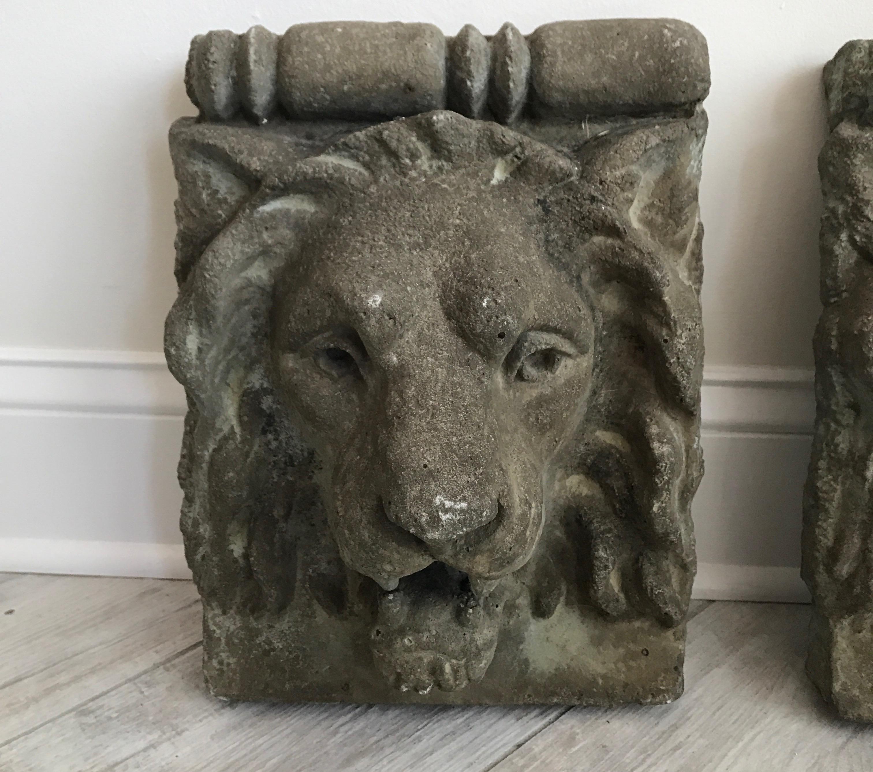 Pair of French Cast Stone Lion Head Wall Hangings In Good Condition In West Palm Beach, FL