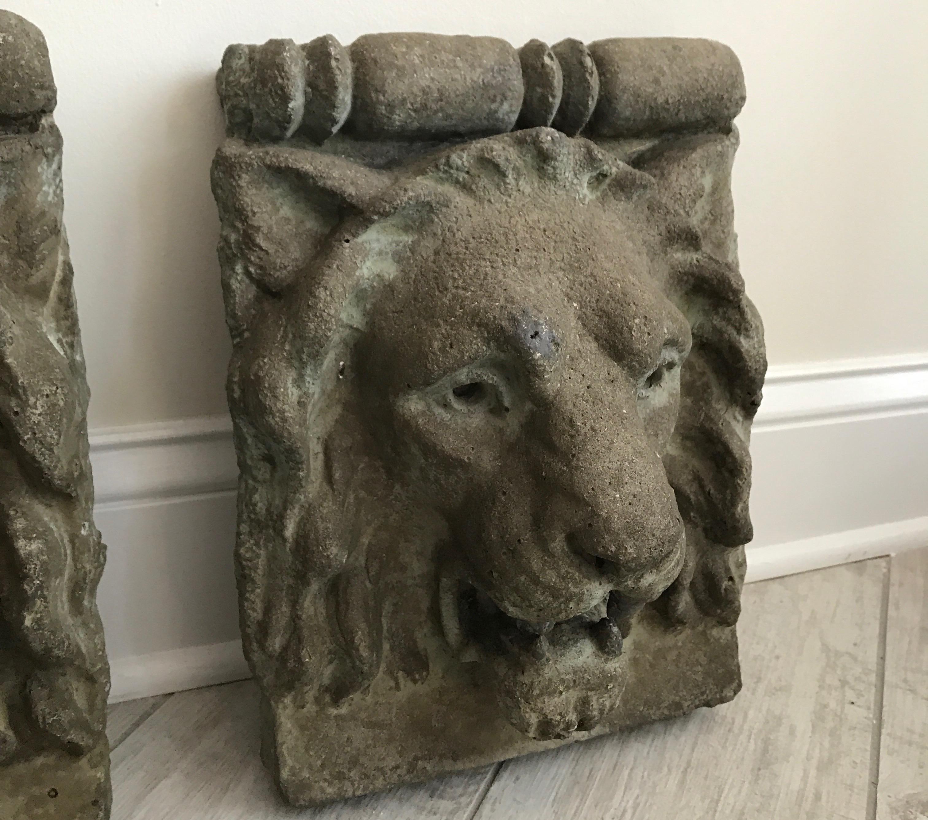 20th Century Pair of French Cast Stone Lion Head Wall Hangings