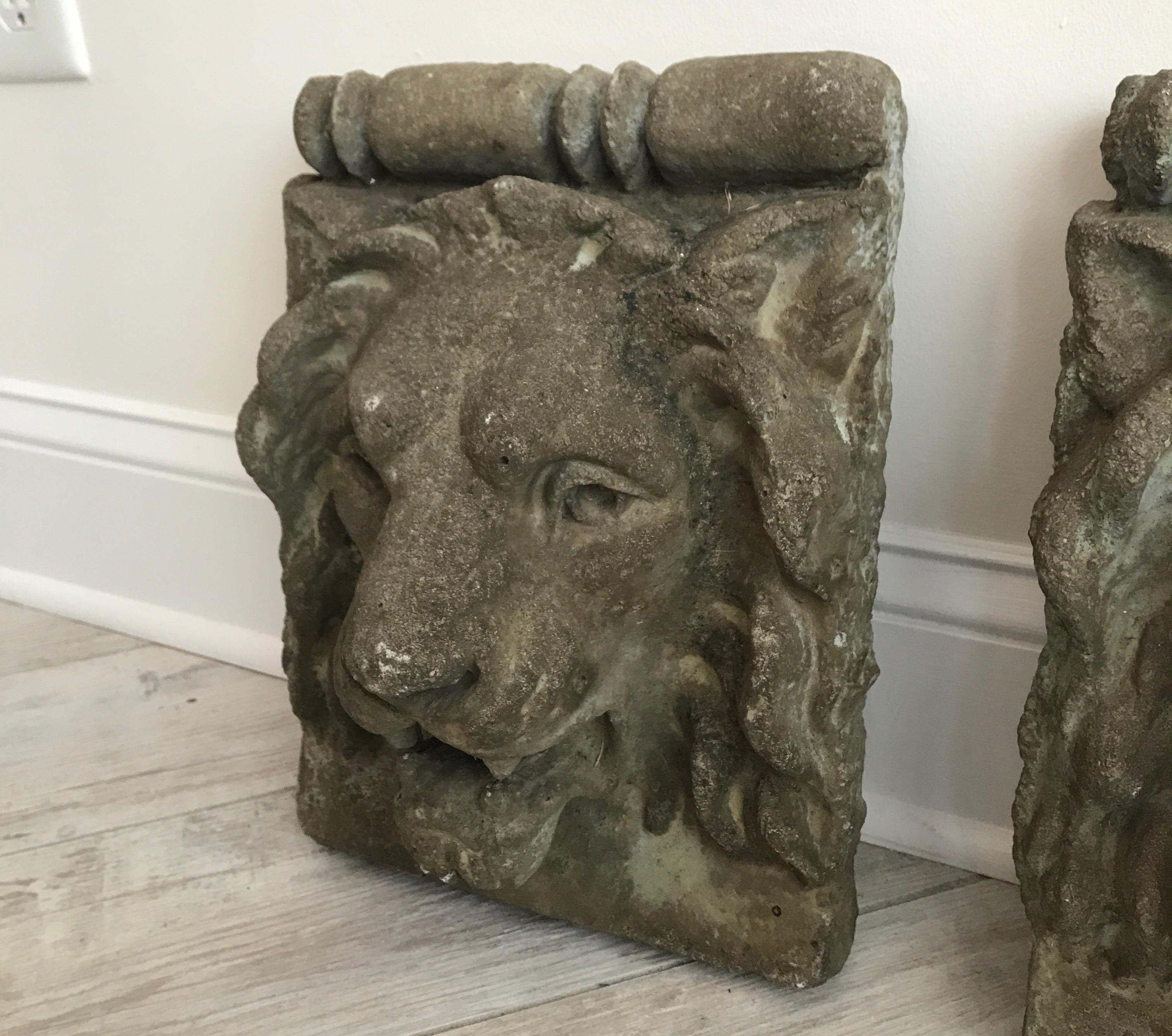 Pair of French Cast Stone Lion Head Wall Hangings 1