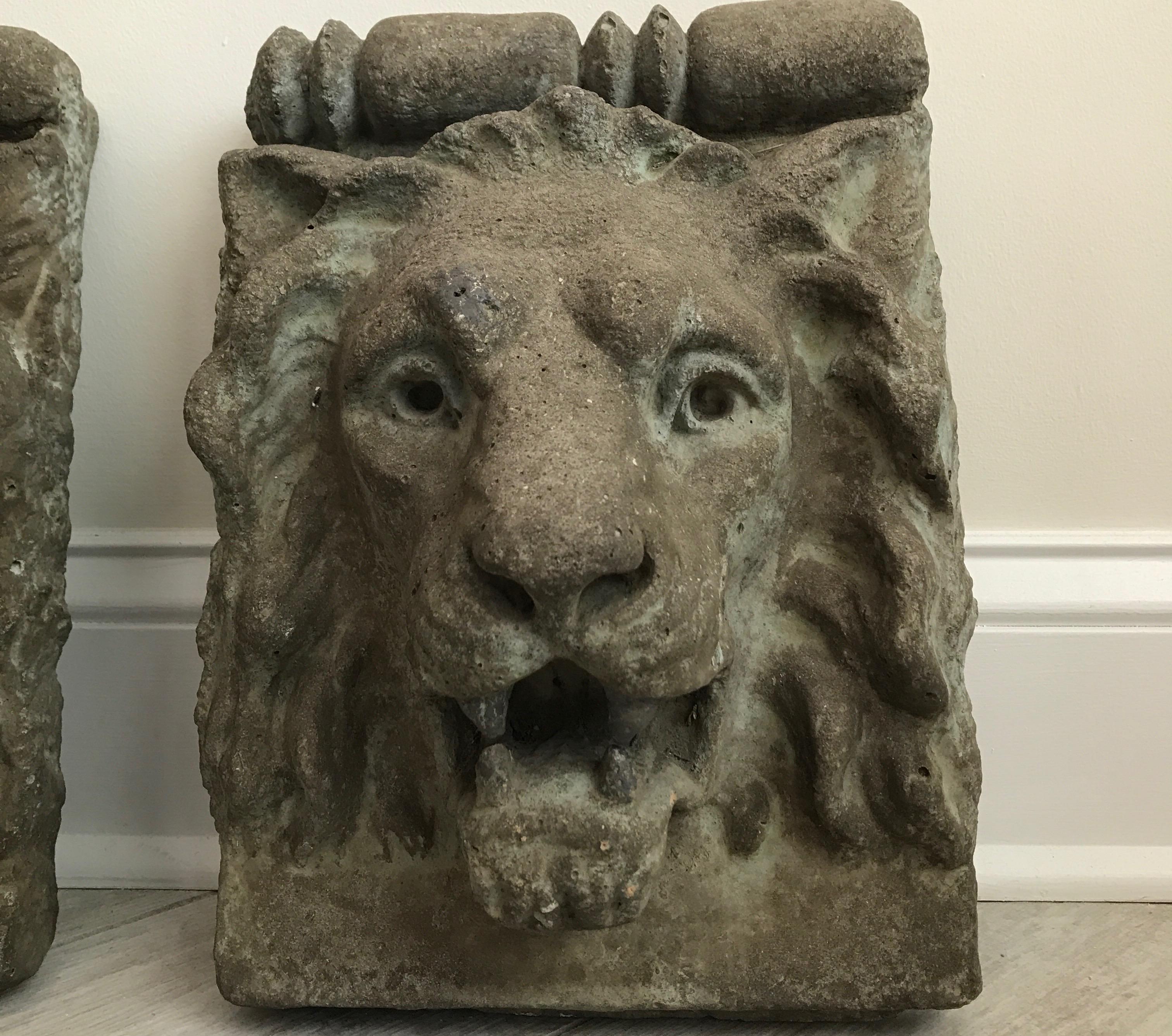 Pair of French Cast Stone Lion Head Wall Hangings 2
