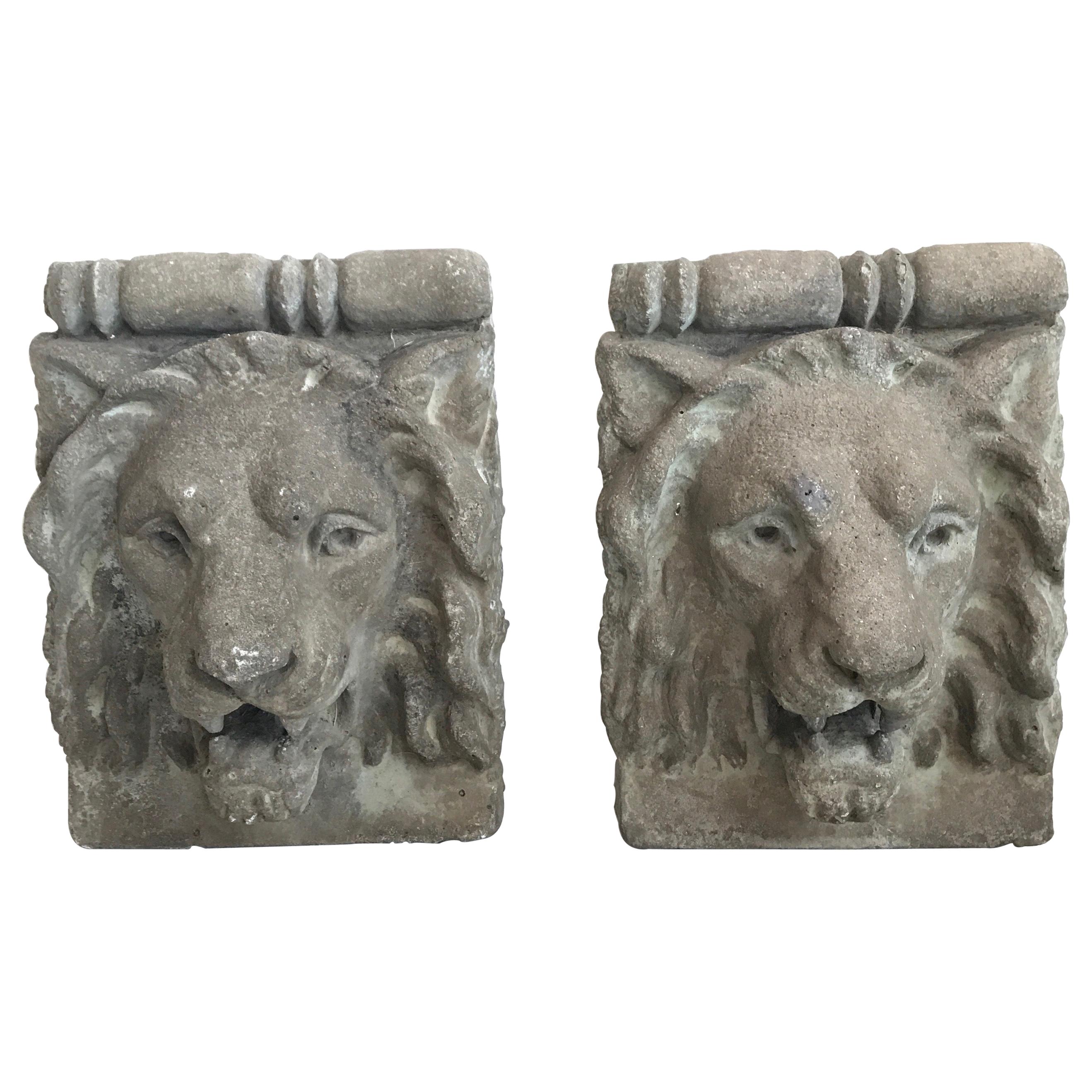 Pair of French Cast Stone Lion Head Wall Hangings