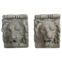 Pair of French Cast Stone Lion Head Wall Hangings