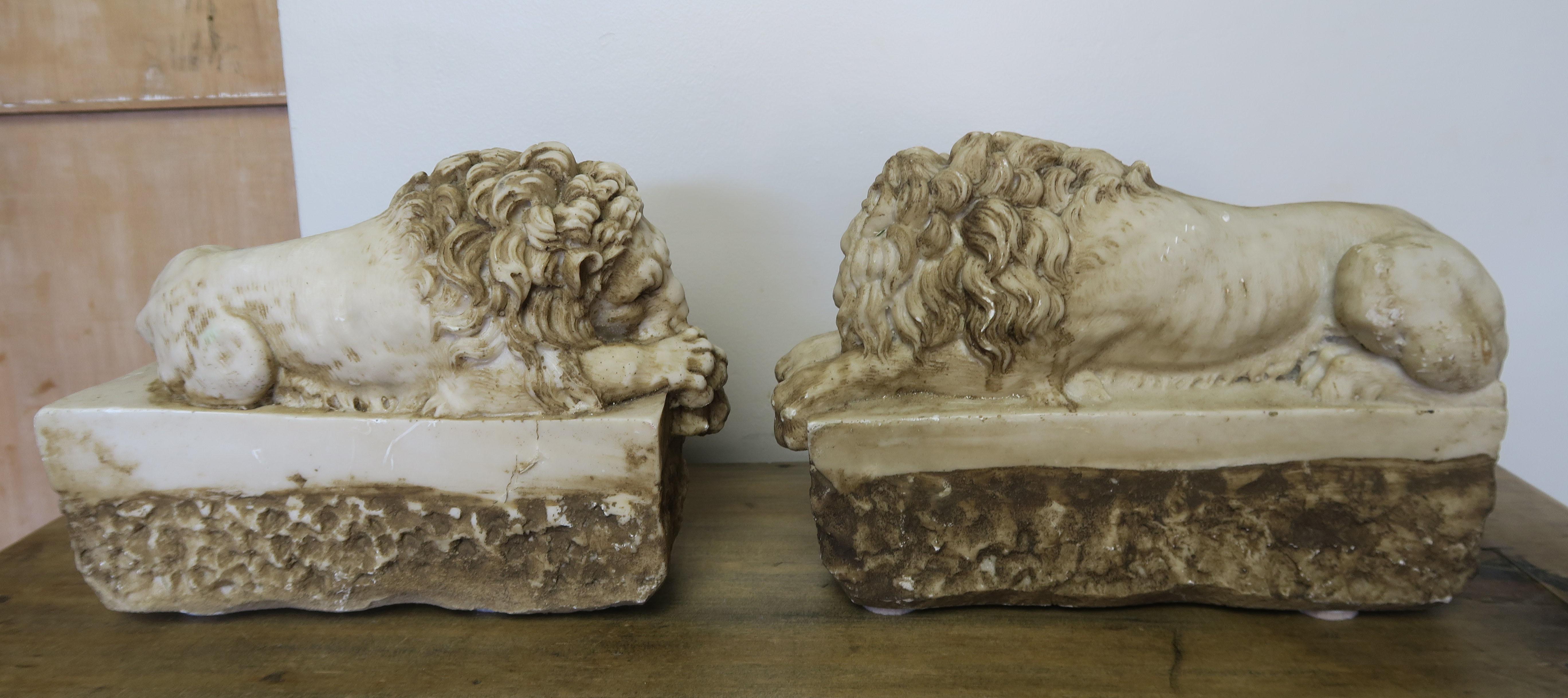 Pair of French Cast Stone Lions, circa 1900 In Distressed Condition In Los Angeles, CA