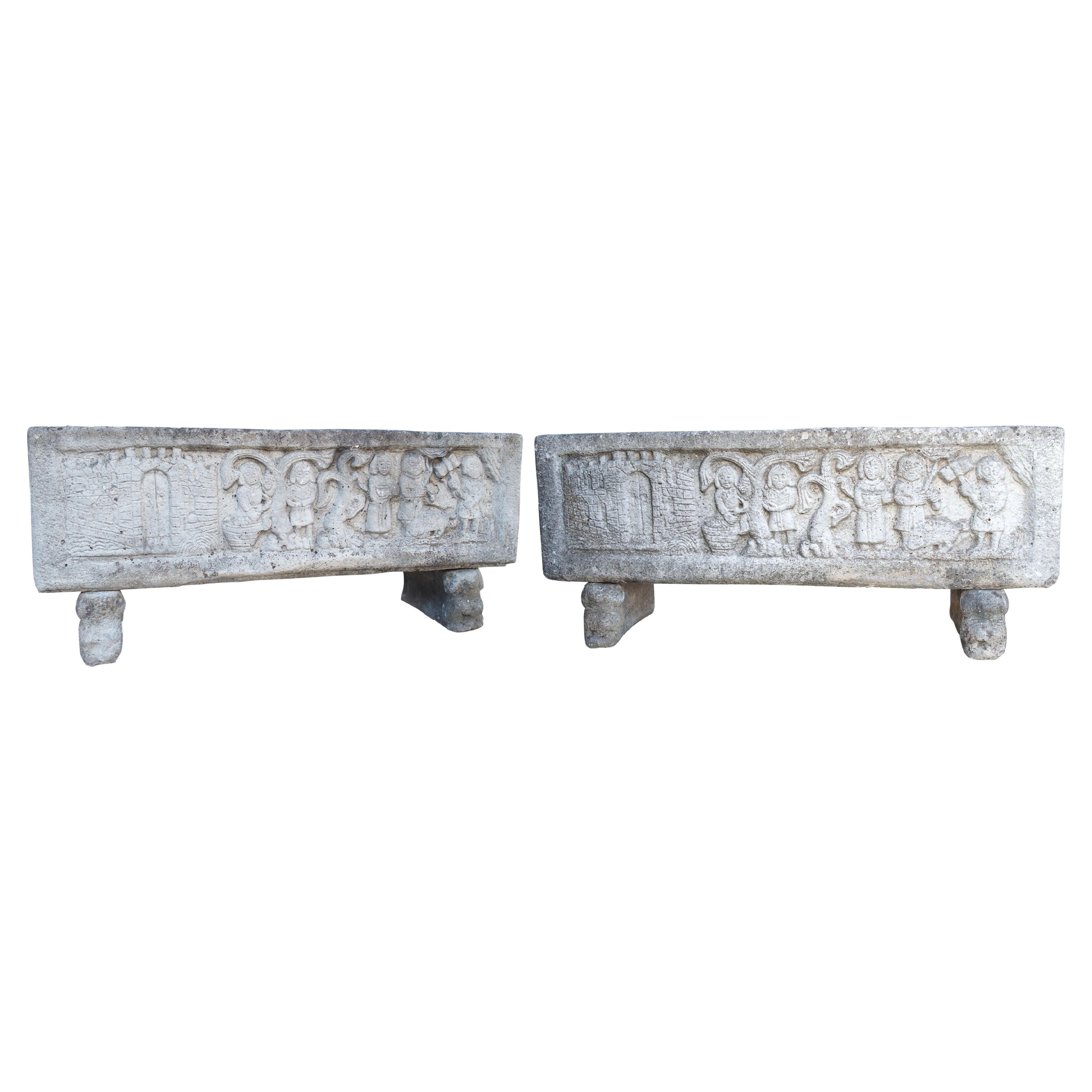 Pair of French Cast Stone Medieval Style Jardiniere Planters, Circa 1960s For Sale