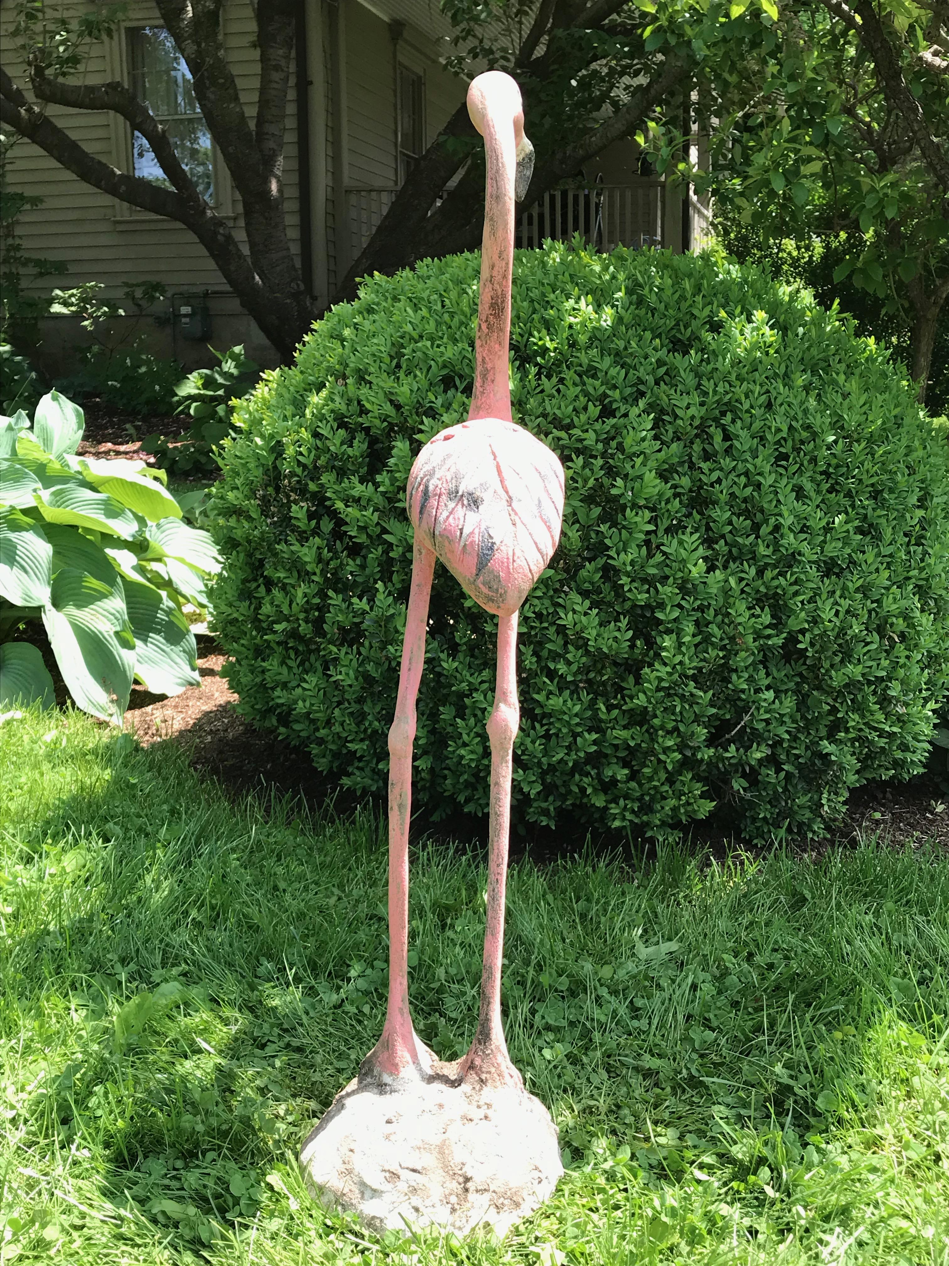 Pair of French Cast Stone Pink Flamingos, circa 1960s In Good Condition For Sale In Woodbury, CT