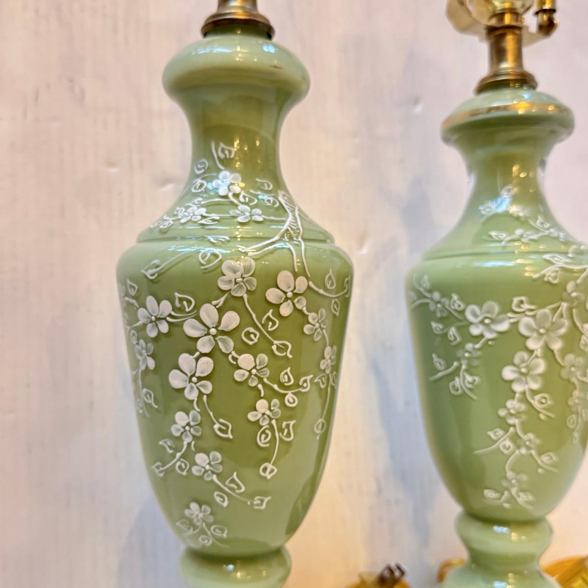 Pair of French Celadon Glass Lamps For Sale 1