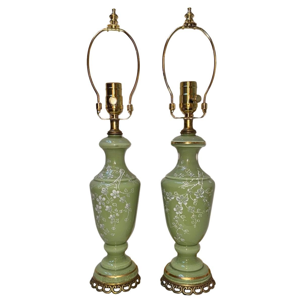 Pair of French Celadon Glass Lamps For Sale