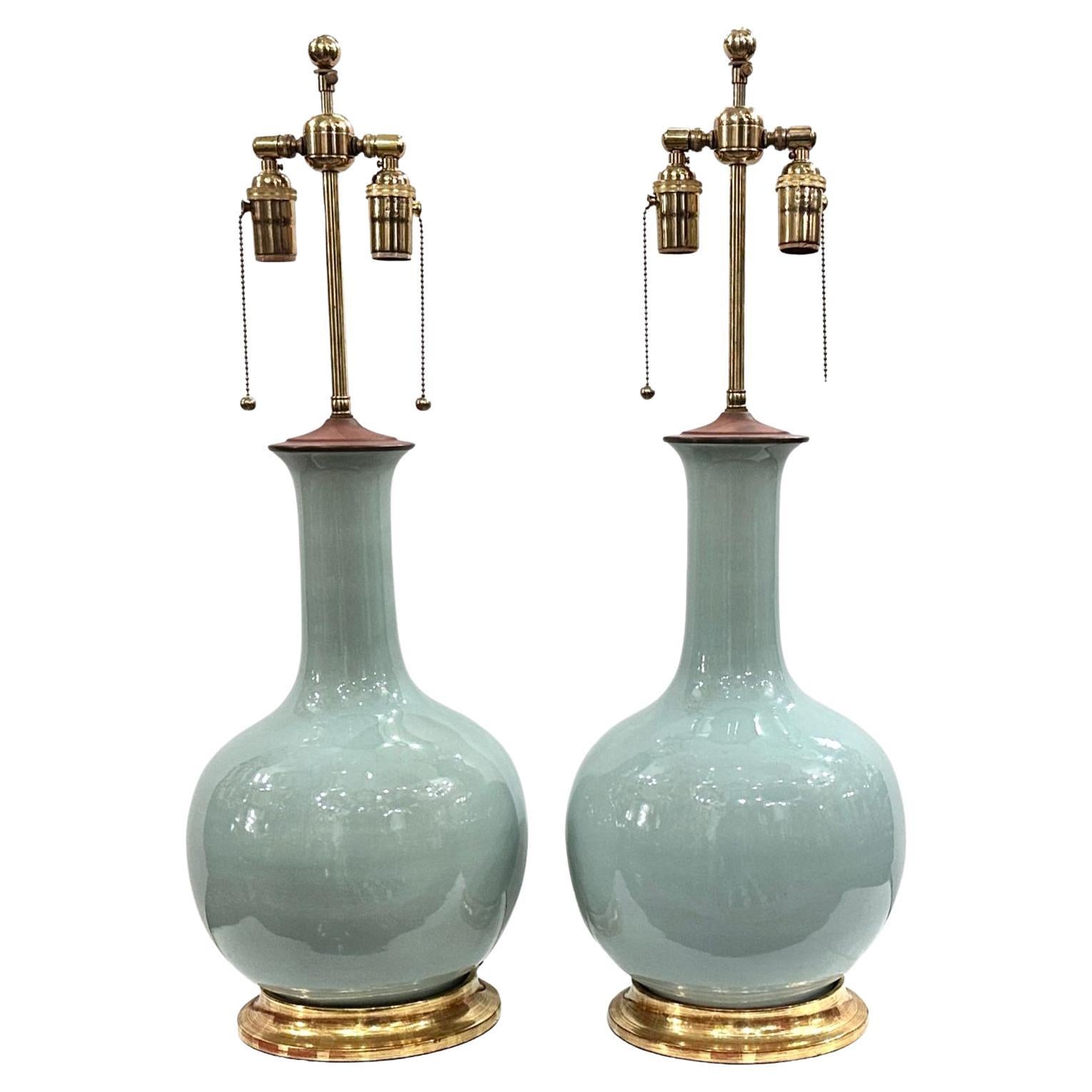 Pair of French Celadon Lamps  For Sale