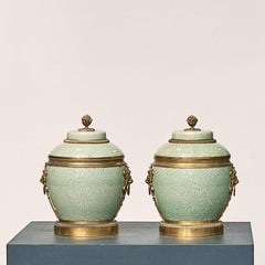 Pair of Regence Gilt-Bronze Green Glazed porcelain Mounted Celadon Lidded Vases
