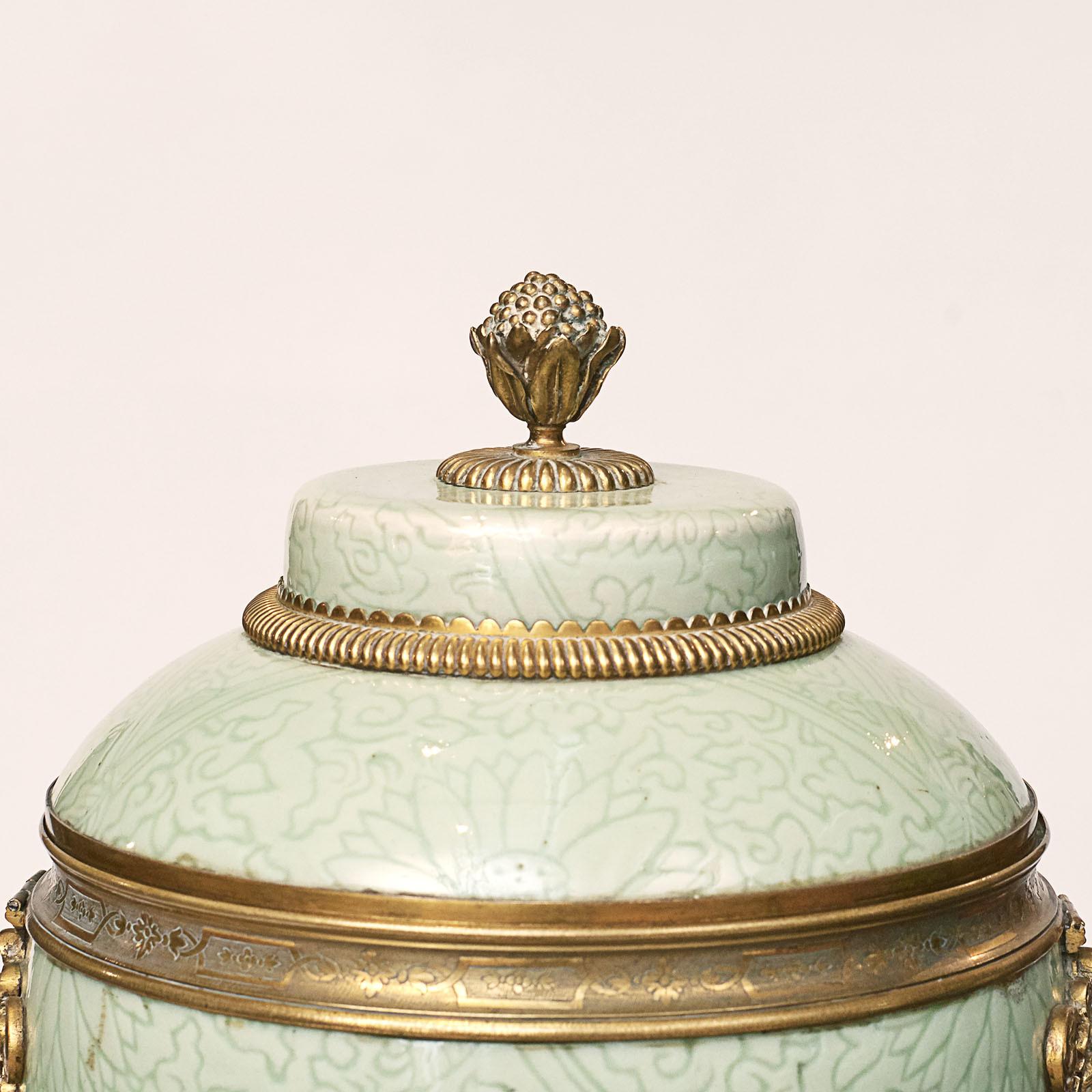 French Pair of Regence Gilt-Bronze Green Glazed porcelain Mounted Celadon Lidded Vases For Sale