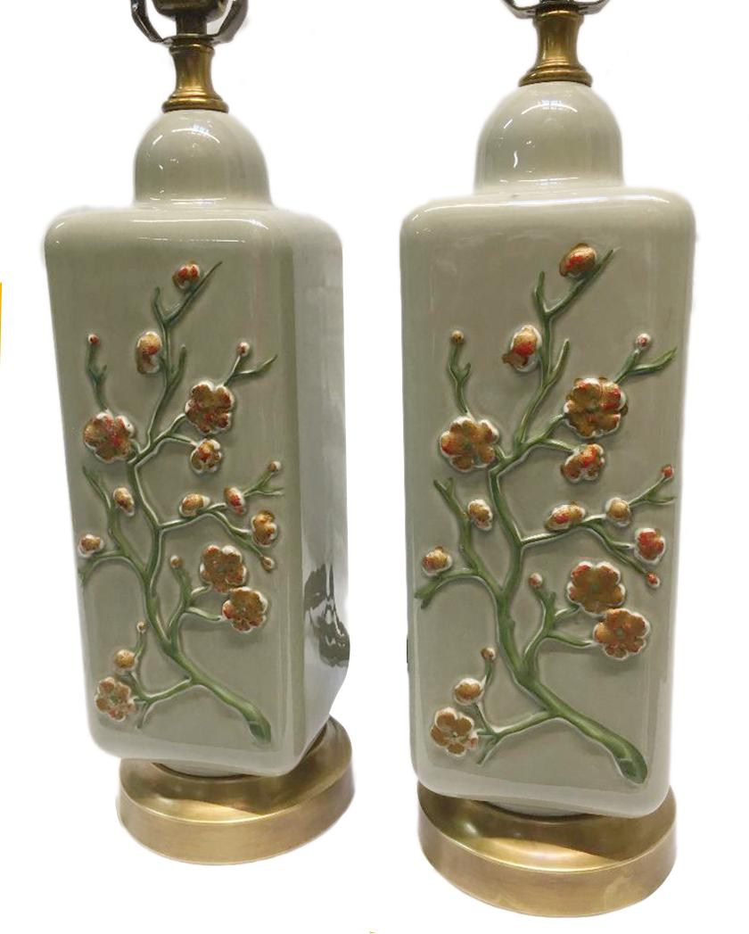Hand-Painted Pair of French Celadon Table Lamps