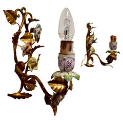 Antique Pair of French Ceramic and Toleware Gilded Wall Lights