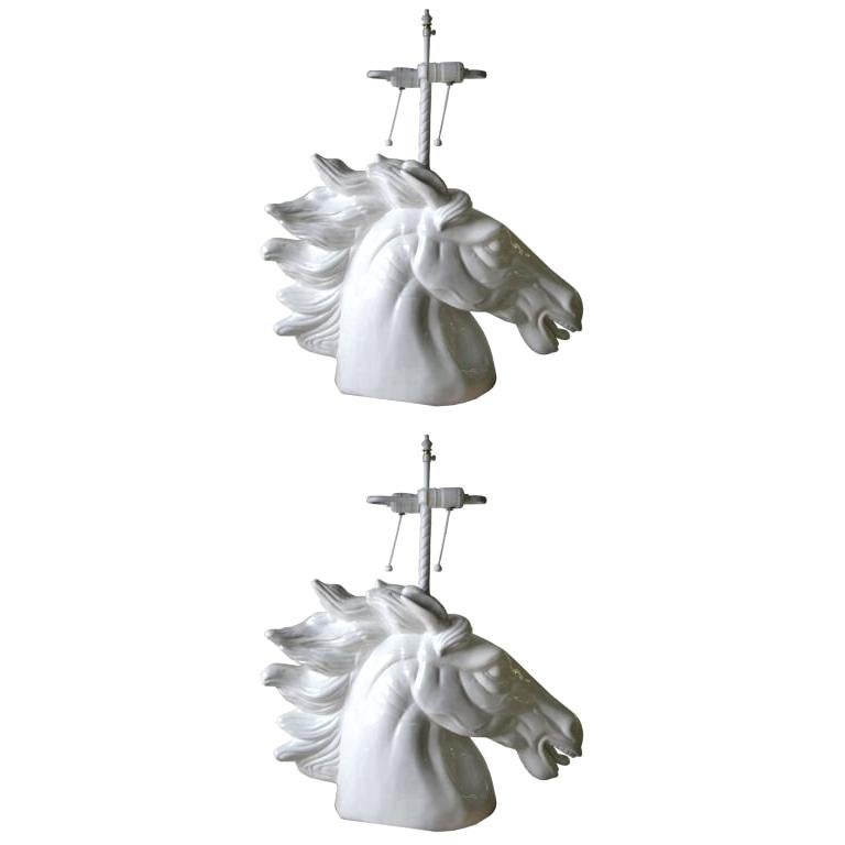 Pair of french ceramic cheval blanc sculptures lamps For Sale