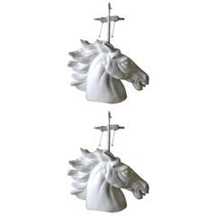 Pair of french ceramic cheval blanc sculptures lamps