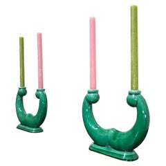 Coppia di candelieri francesi in ceramica verde - Vallauris AM
