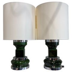 Coppia di lampade francesi in ceramica con base in acciaio del 1970 circa
