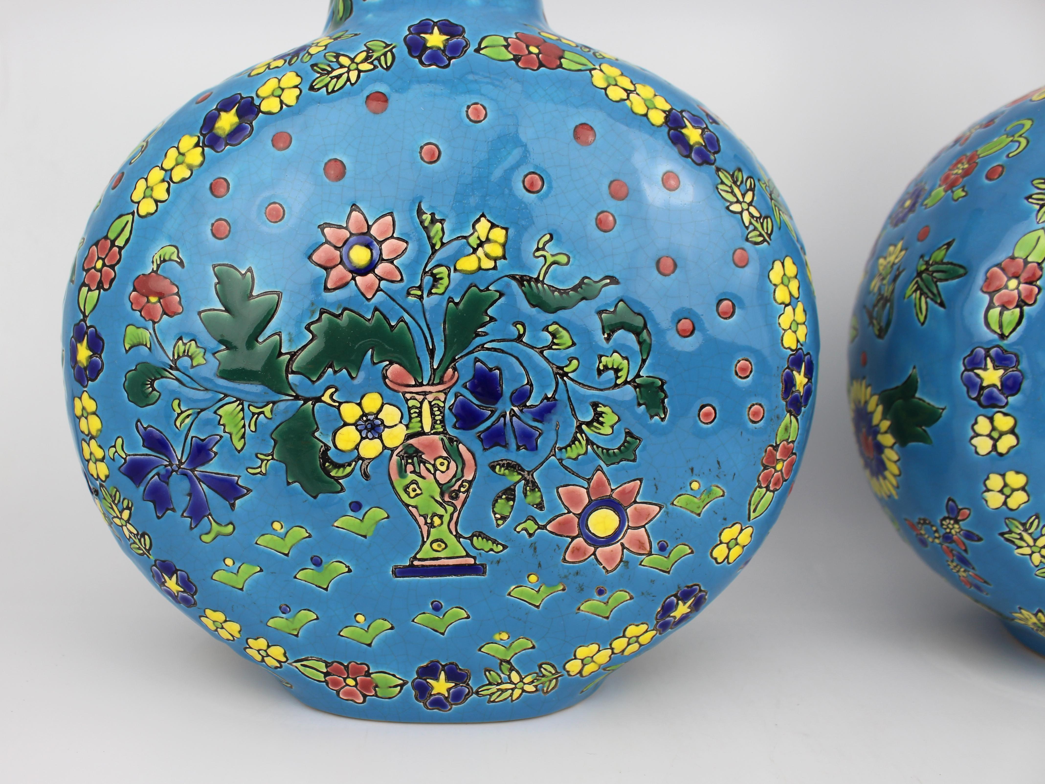 Pair of French Ceramic Moonflask Vases c.1910 In Good Condition For Sale In Worcester, GB