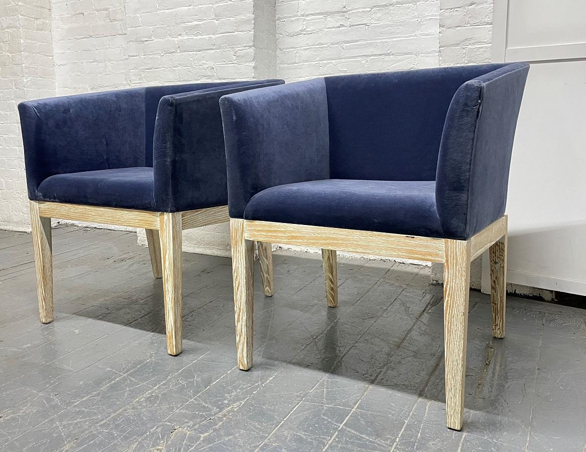 Pair of French cerused oak club or lounge chairs upholstered in blue velvet. Style of Francisque Chaleyssin.