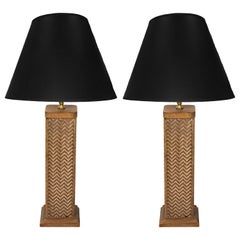Pair of French Cerused Oak Column Herringbone Pattern Table Lamps