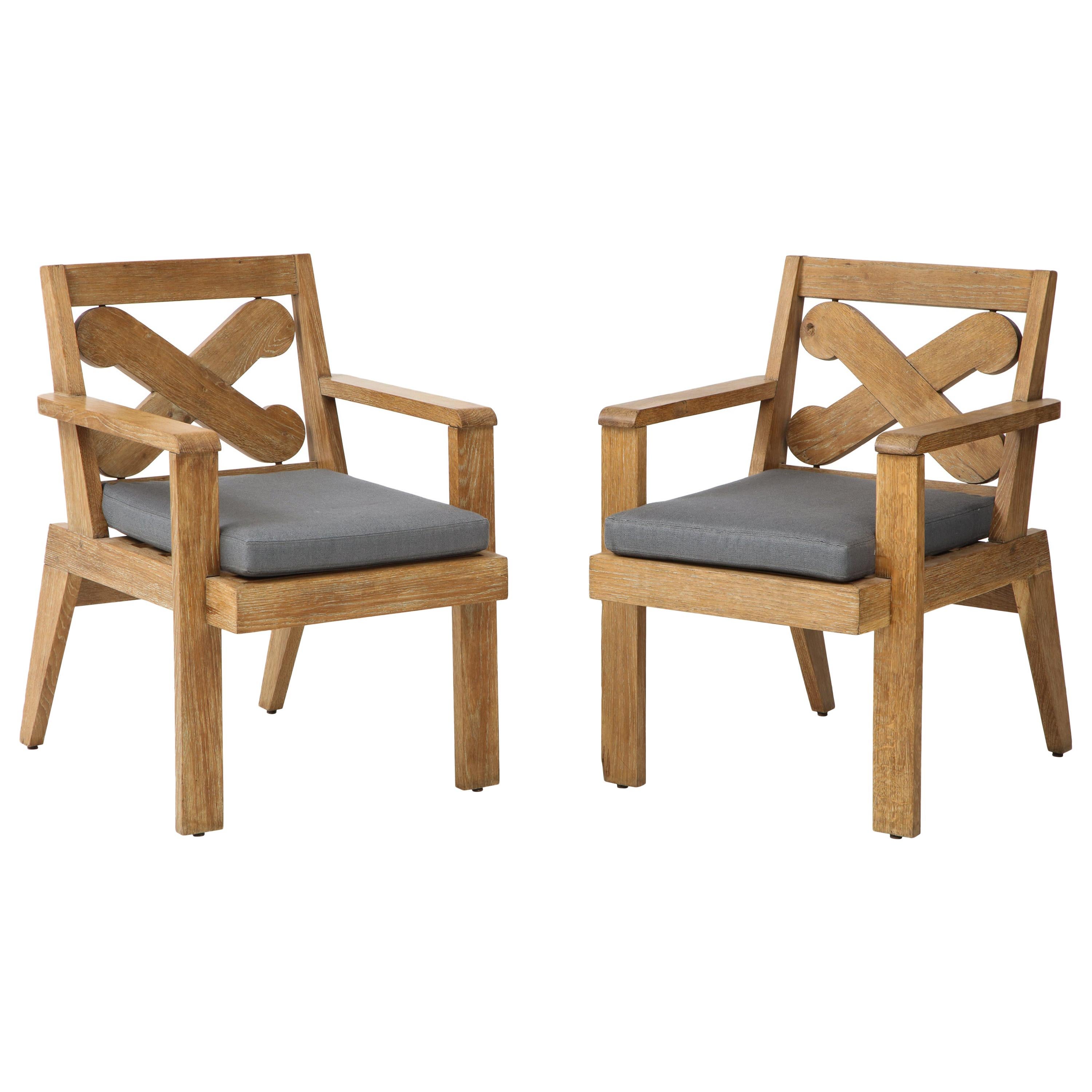 Pair of French Cerused Oak X Armchairs with Blue Steel Colored Linen circa 1960s