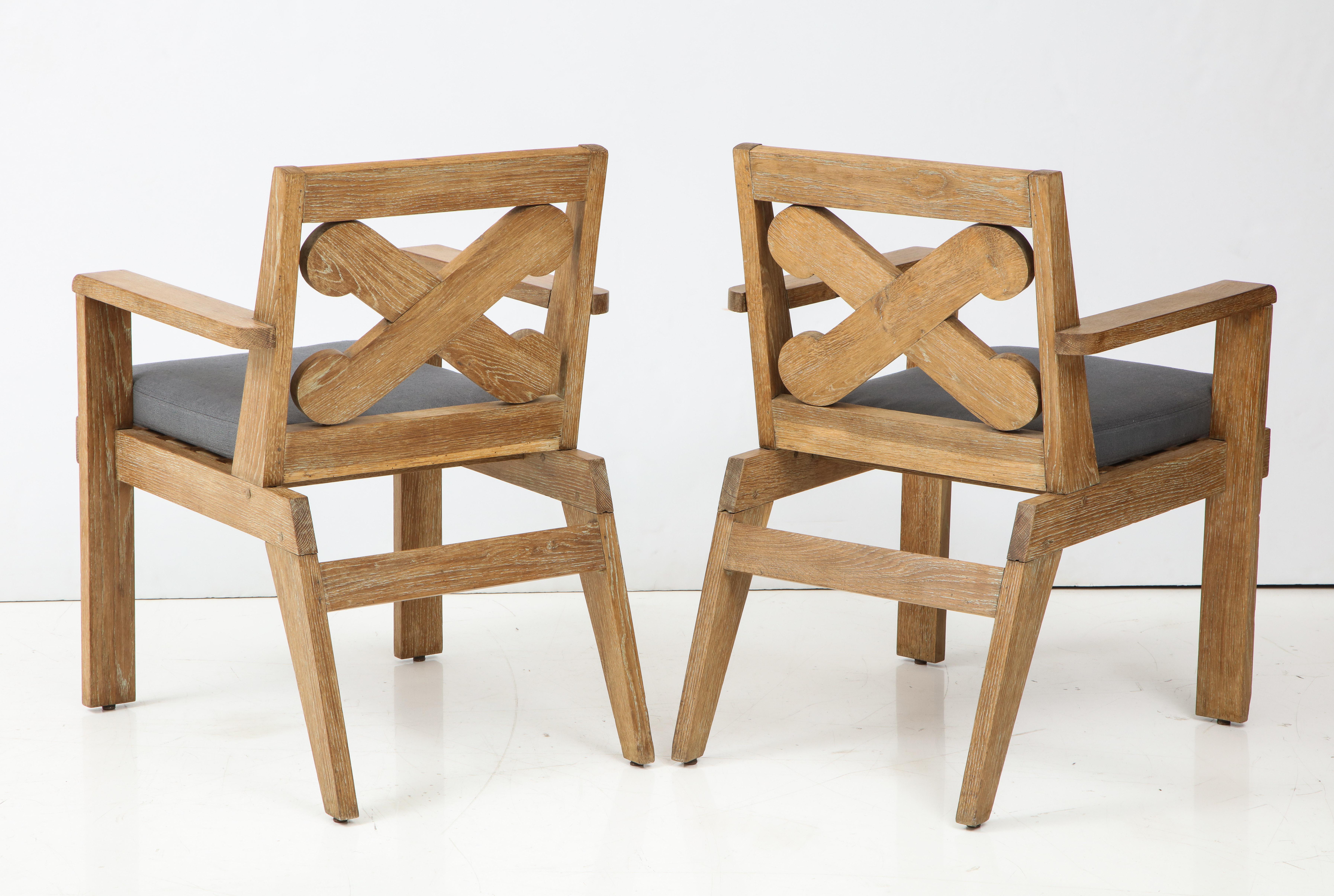 Mid-20th Century Pair of French Cerused Oak X Armchairs with Blue Steel Colored Linen circa 1960s