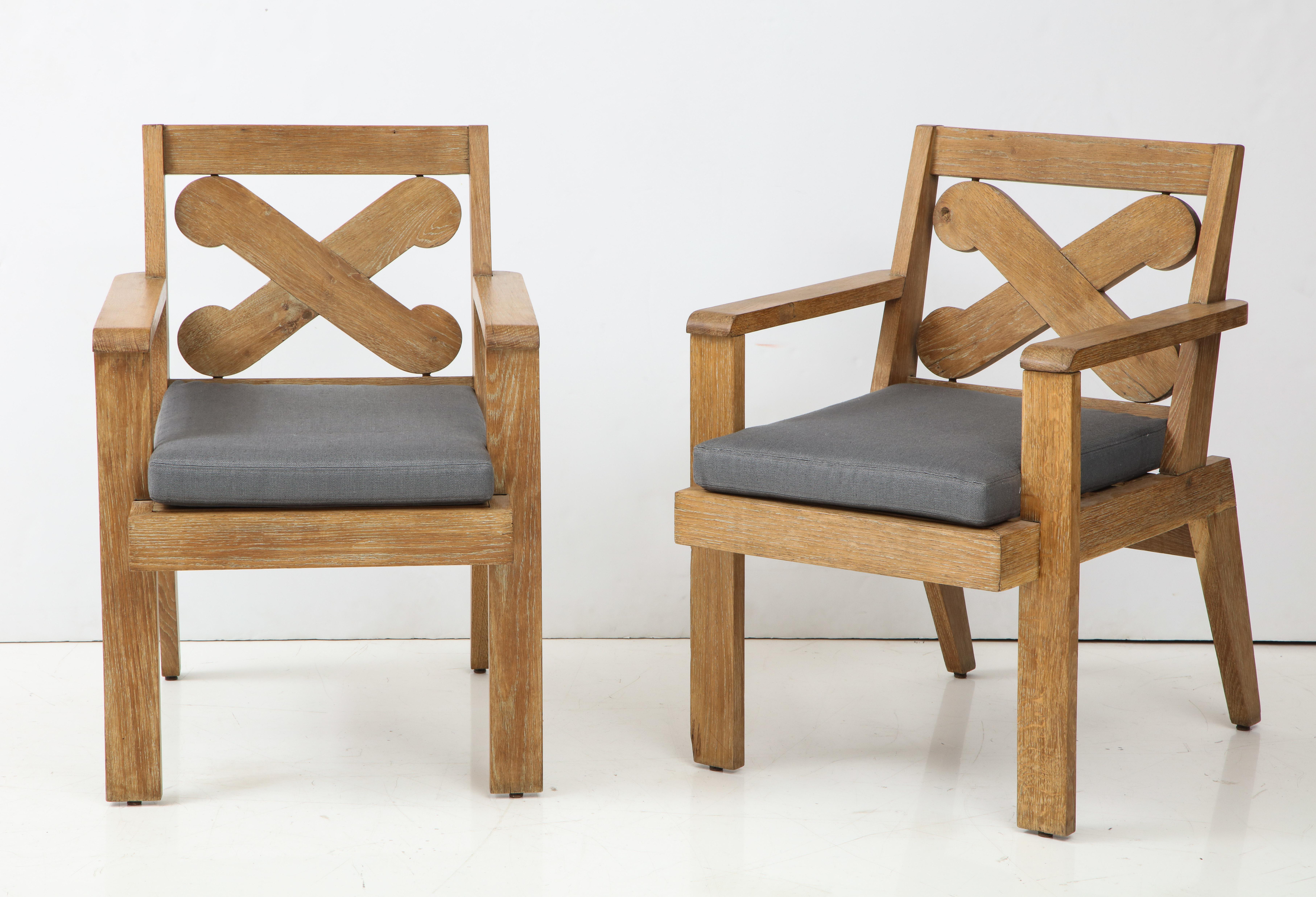 Pair of French Cerused Oak X Armchairs with Blue Steel Colored Linen circa 1960s 1
