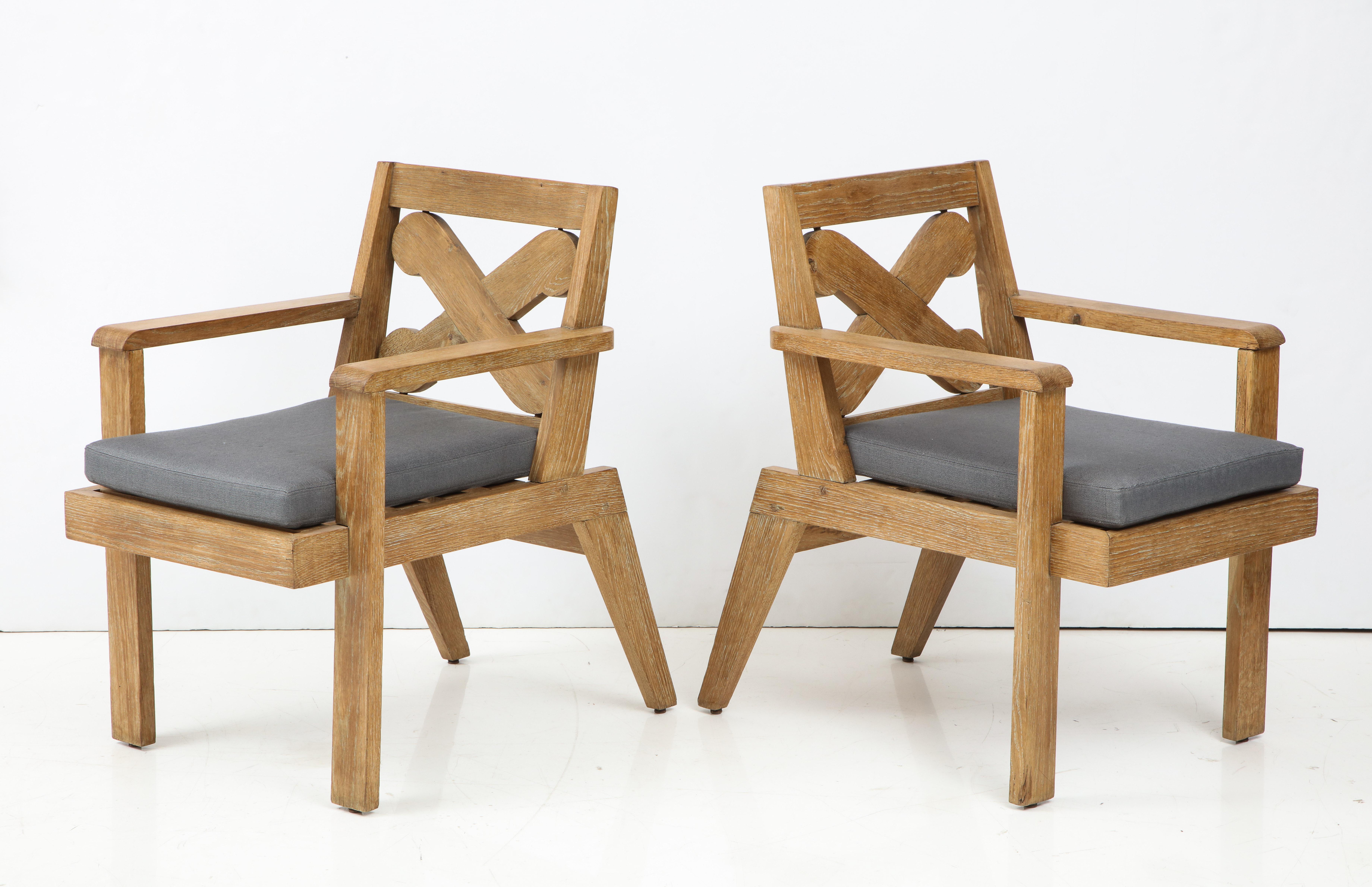 Pair of French Cerused Oak X Armchairs with Blue Steel Colored Linen circa 1960s 2