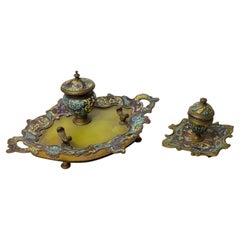 Pair Of French Champlevé Desk Inkwells, Napoleon III, 19th Century