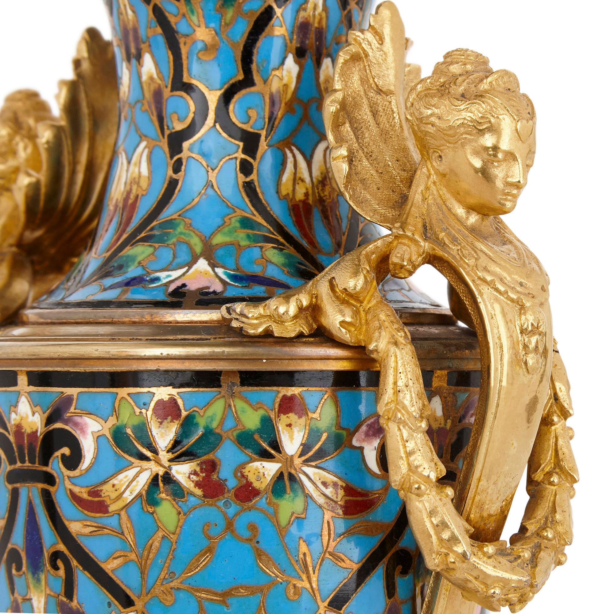19th Century Pair of French Champlevé Enamel and Gilt Bronze Vases For Sale