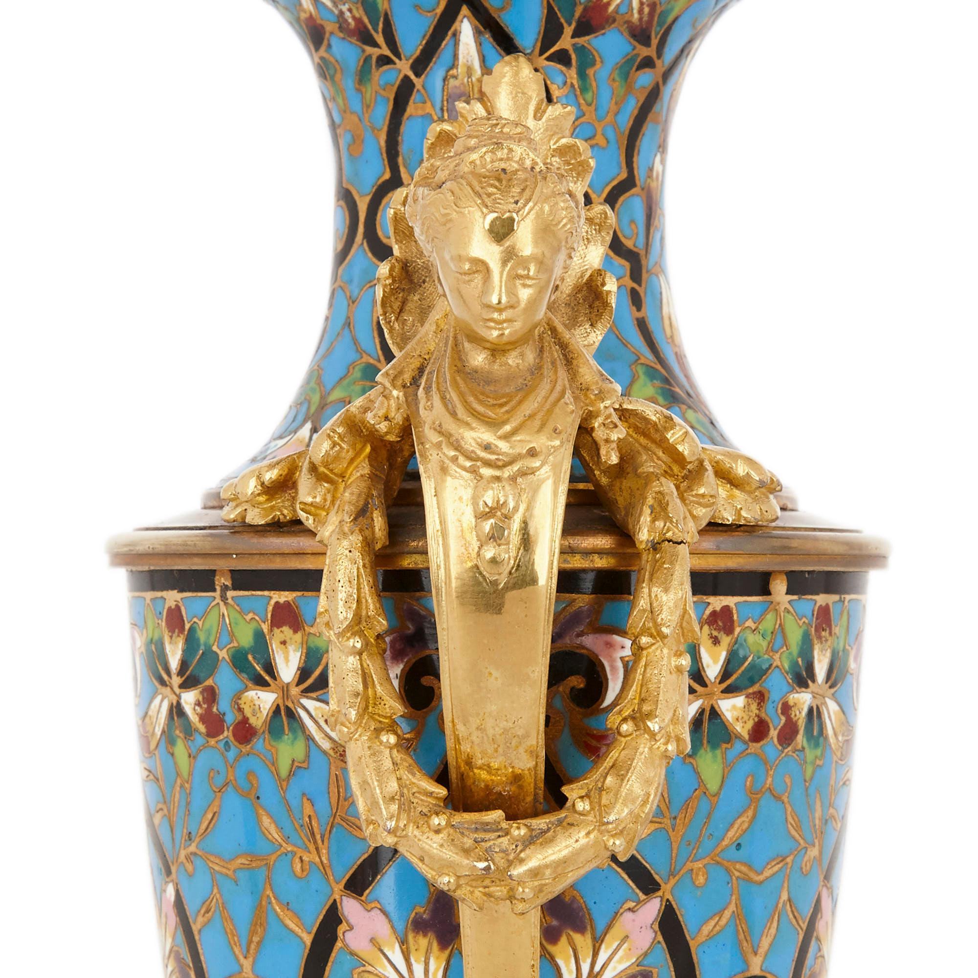 Ormolu Pair of French Champlevé Enamel and Gilt Bronze Vases For Sale