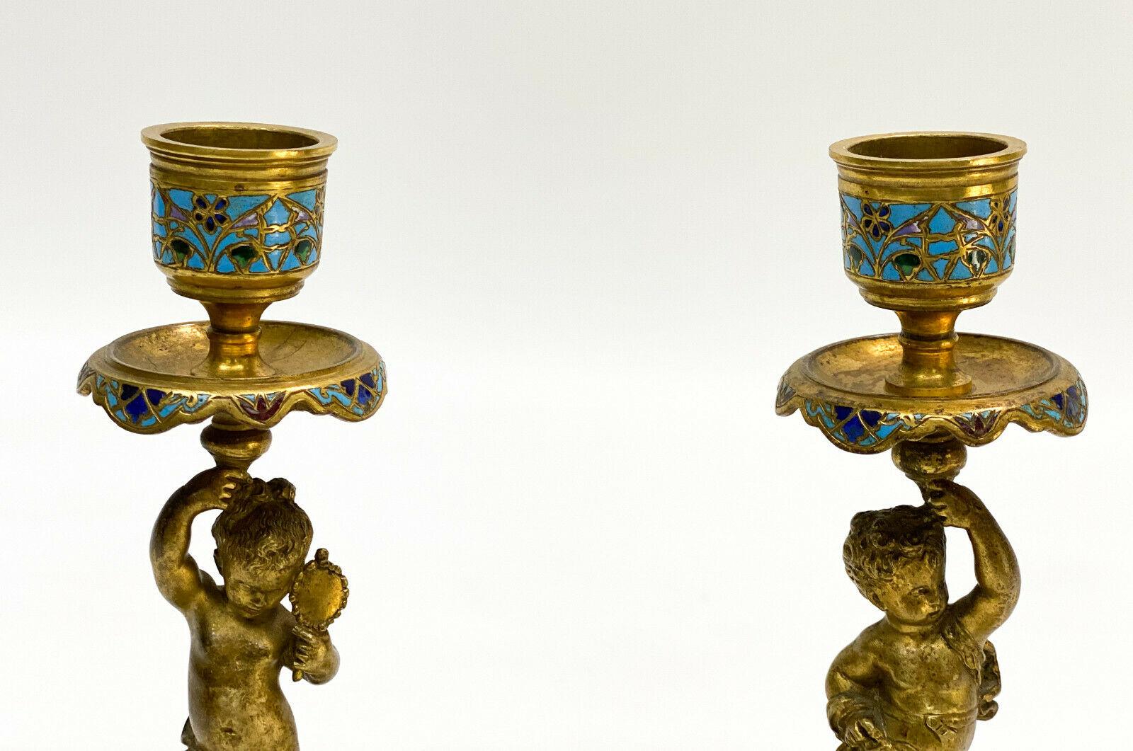 Hand-Painted Pair of French Champleve Enamel Bronze Candlesticks, Late 19th Century