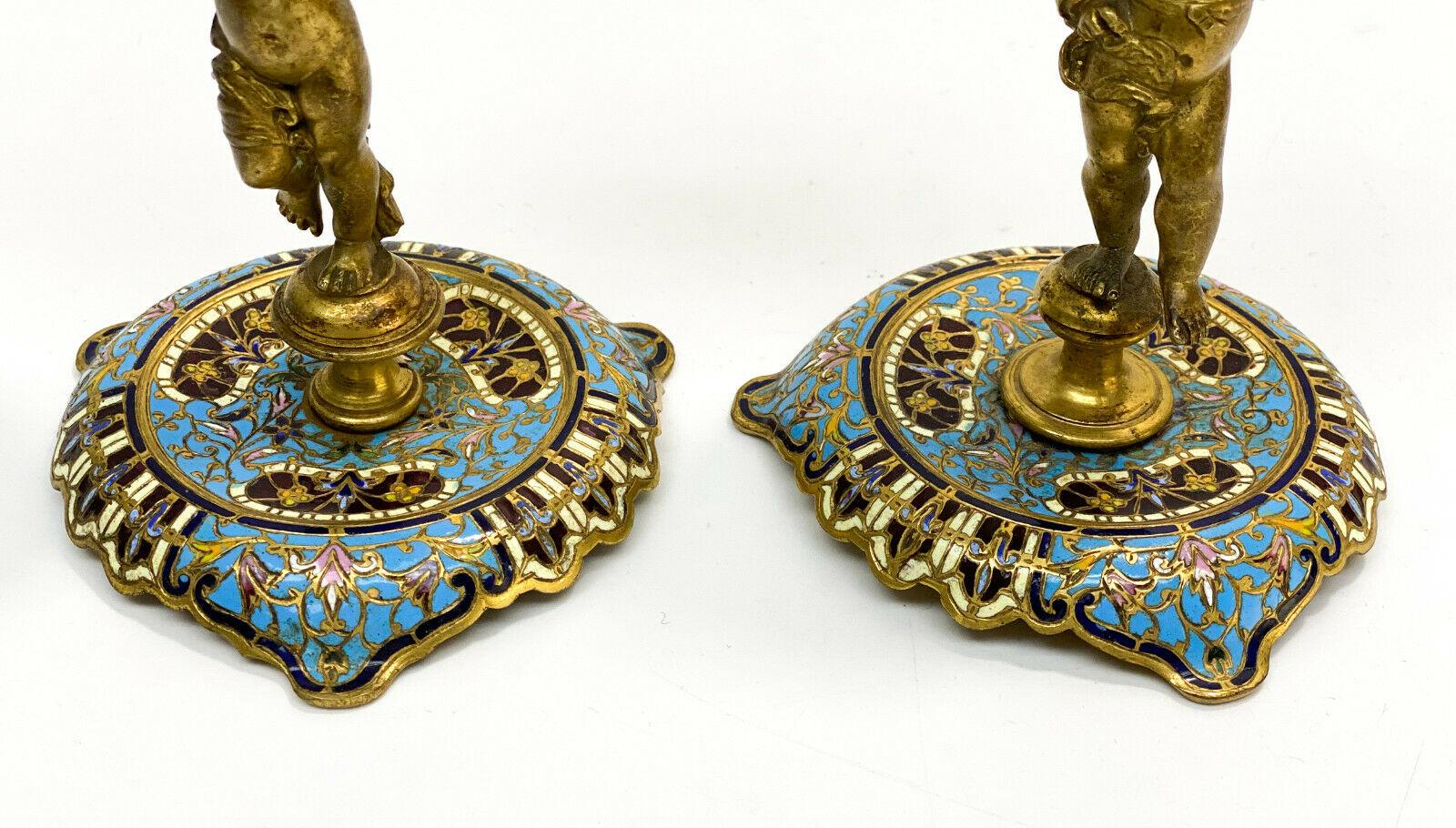 Pair of French Champleve Enamel Bronze Candlesticks, Late 19th Century In Good Condition In Gardena, CA