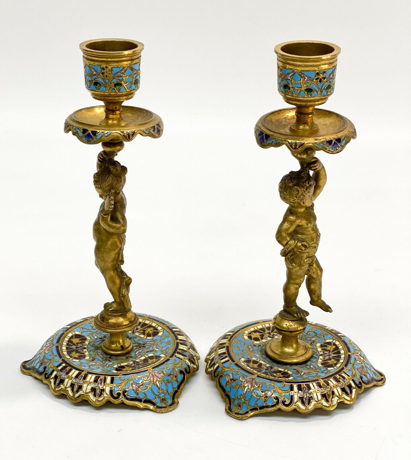 Porcelain Pair of French Champleve Enamel Bronze Candlesticks, Late 19th Century