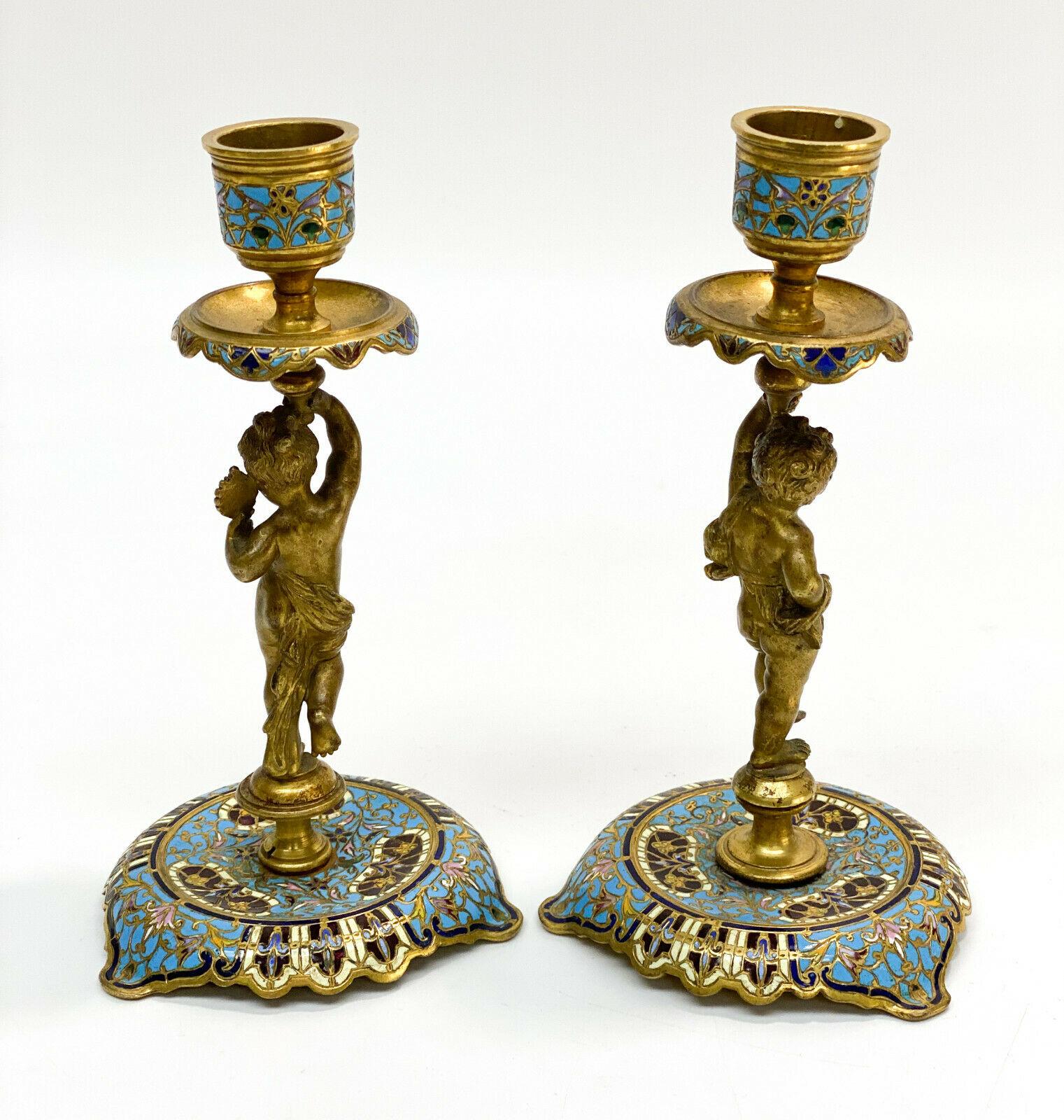 Pair of French Champleve Enamel Bronze Candlesticks, Late 19th Century 1