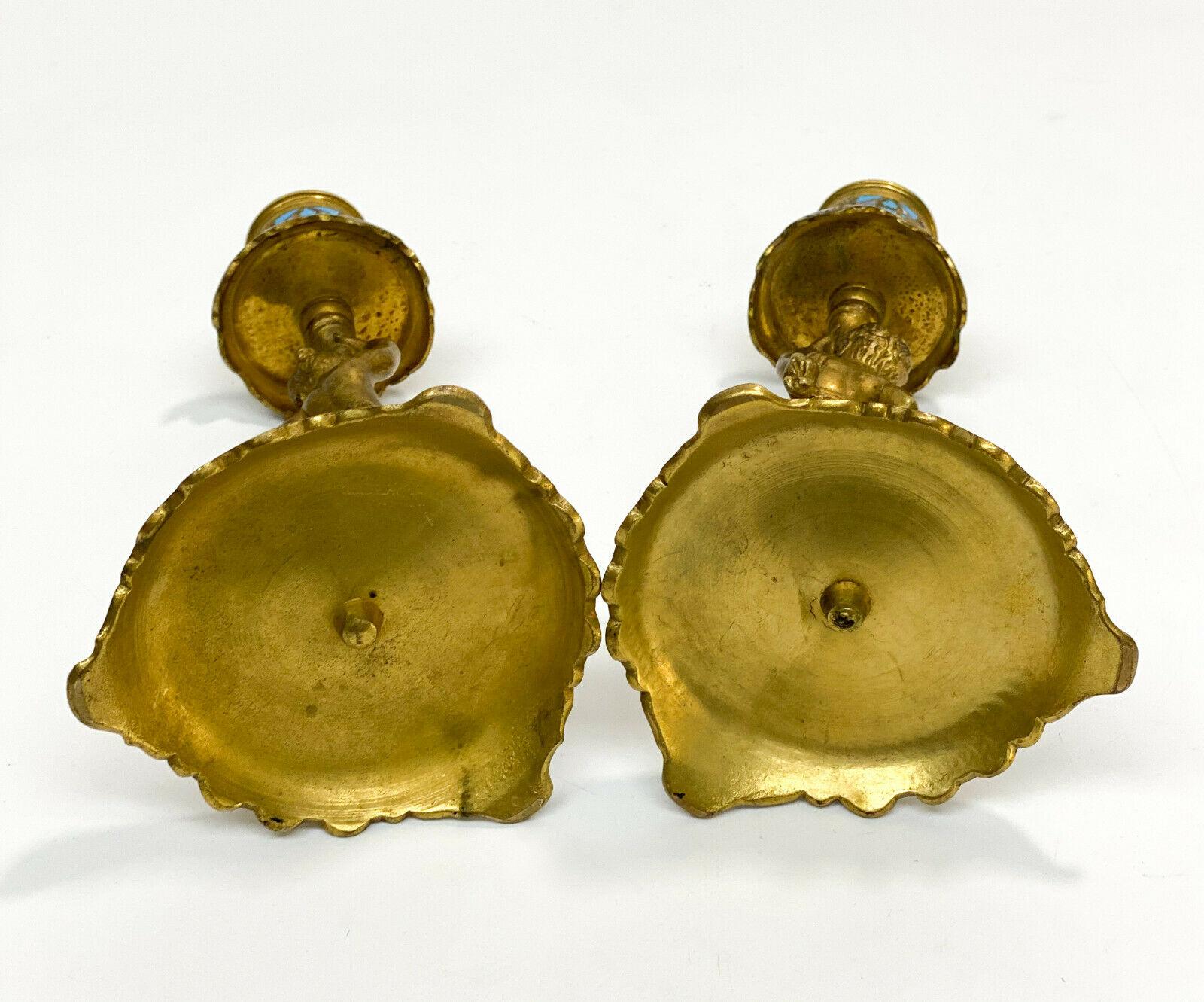 Pair of French Champleve Enamel Bronze Candlesticks, Late 19th Century 2
