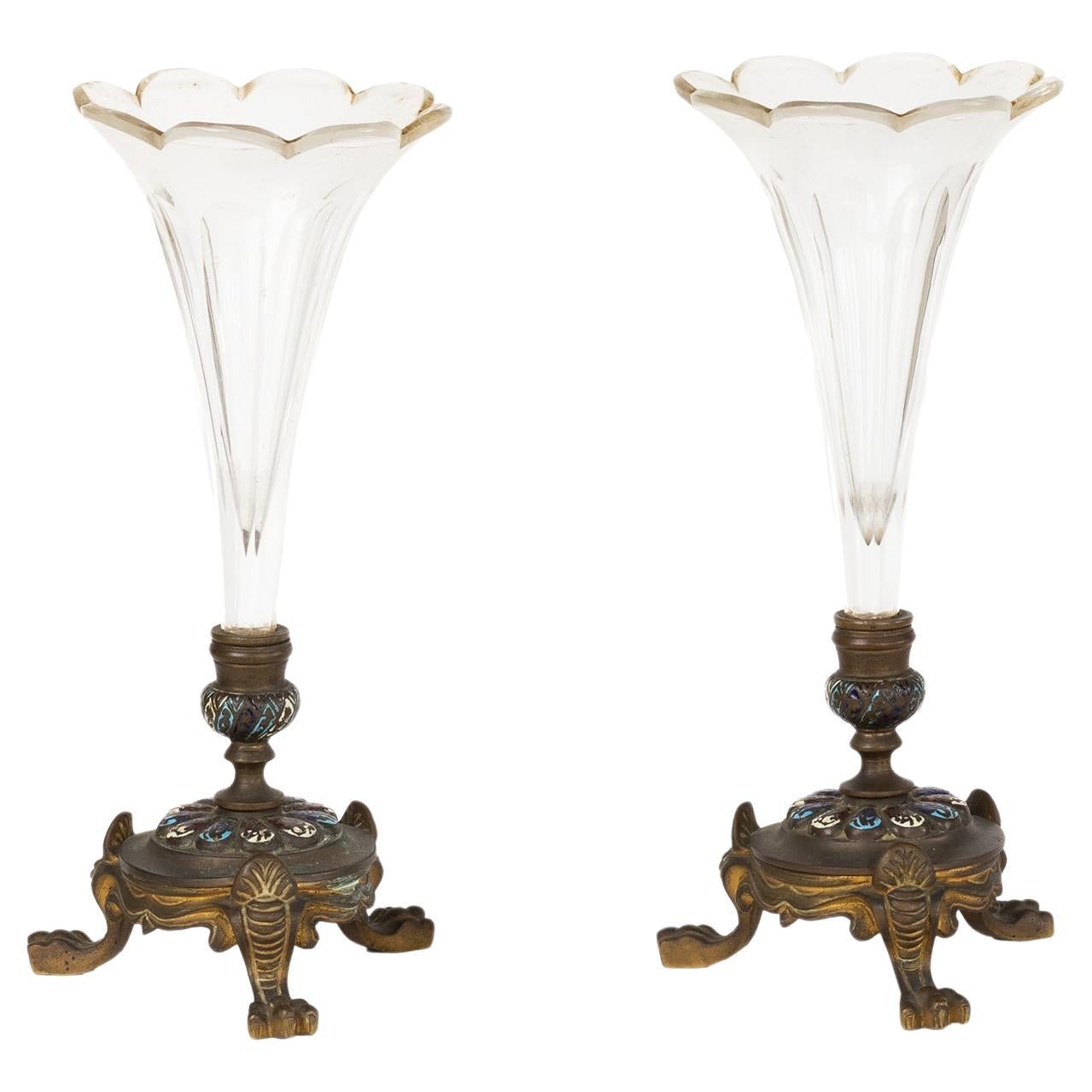 Pair of French Champleve Enamel Bronze Engraved Glass Trumpet Form Vases For Sale