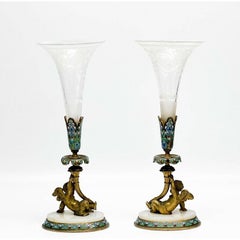 Pair of French Champleve Enamel Bronze Putti Engraved Glass Trumpet Form Vases