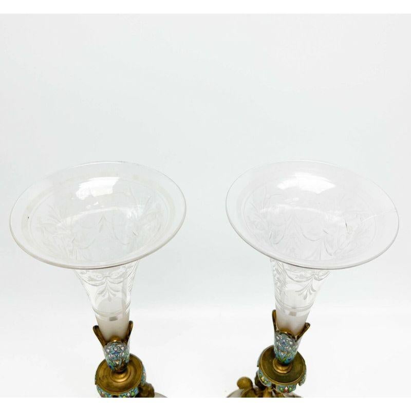 Champlevé Pair of French Champleve Enamel Bronze Putti Engraved Glass Trumpet Form Vases For Sale
