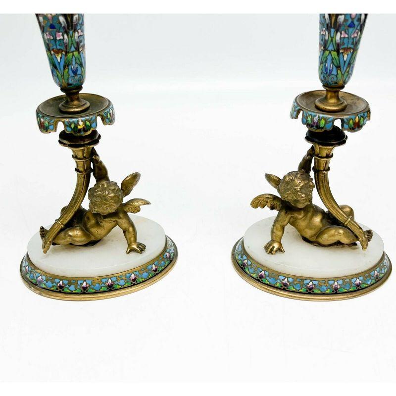 Pair of French Champleve Enamel Bronze Putti Engraved Glass Trumpet Form Vases In Good Condition For Sale In Gardena, CA