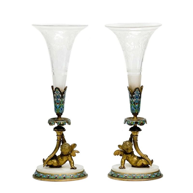 Pair of French Champleve Enamel Bronze Putti Engraved Glass Trumpet Form Vases For Sale