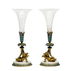 Pair of French Champleve Enamel Bronze Putti Engraved Glass Trumpet Form Vases