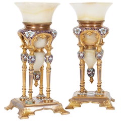 Pair of French Champleve Enamel & Onyx Bowls or Vases Orientalist Islamic Taste