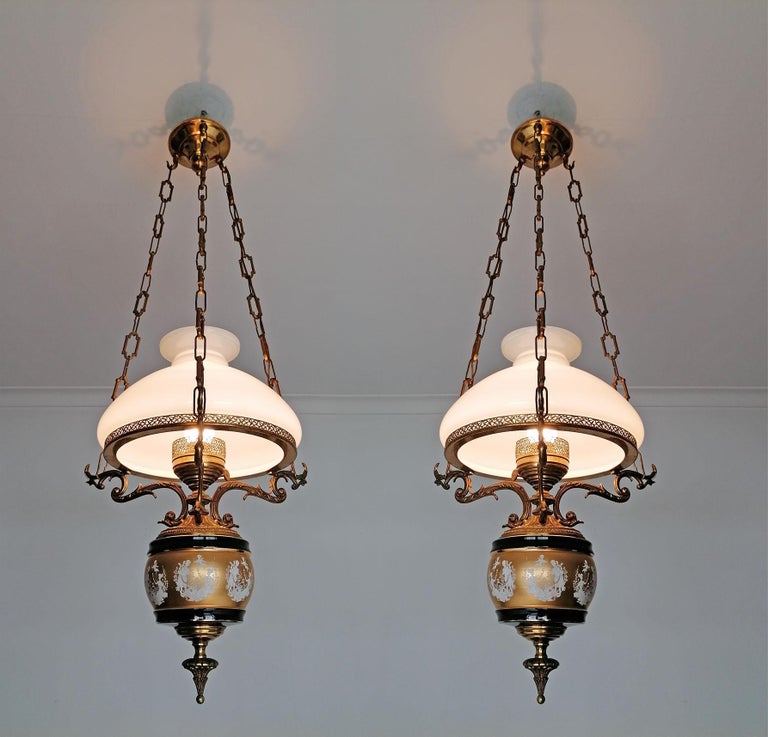 Pair of French Chandelier Oil Lamp in Blue and Gilt Porcelain and