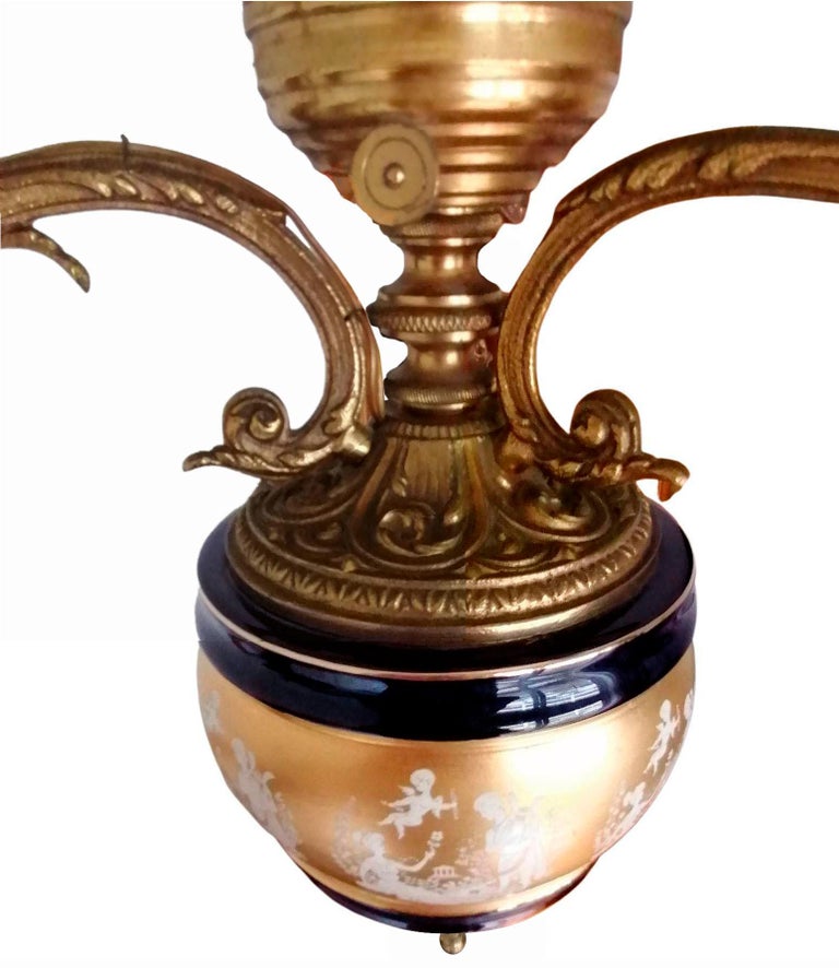 Pair of French Chandelier Oil Lamp in Blue and Gilt Porcelain and Bronze c1930s For Sale at 1stDibs