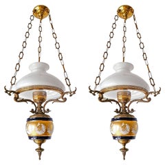Pair of French Chandelier in Blue & Gilt Porcelain & Bronze Hanging Oil Lamp