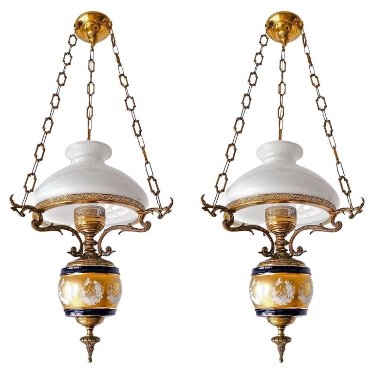 Pair of French Chandelier Oil Lamp in Blue and Gilt Porcelain and Bronze c1930s For Sale at 1stDibs